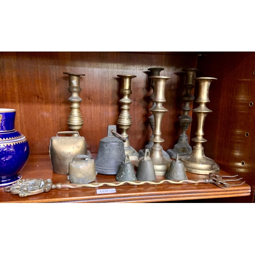 360 - BRASSWARE ANTIQUE CANDLESTICKS, BELLS ETC