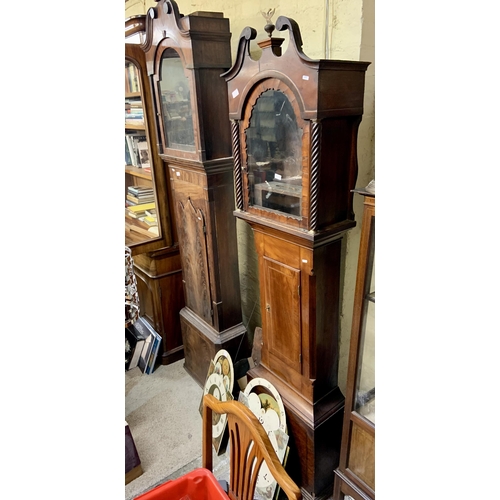 369 - 2 X MAHOGANY LONG CASE CLOCK CASES - ENAMELLED DIALS AND VARIOUS LOOSE MOVEMENTS