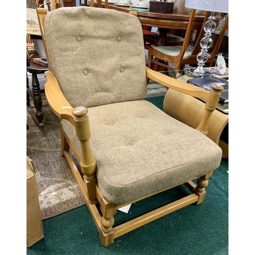 373 - MID-CENTURY PINE FIRESIDE ARMCHAIR WITH MOQUETTE LOOSE BUTTON BACK CUSHIONS