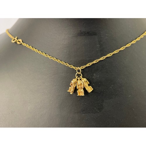 480 - 9CT GOLD THREE WISE MONKEY PENDANT ON 24