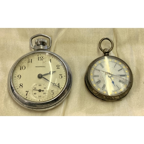 465 - A SMALL ANTIQUE LADIES SILVER POCKET WATCH - DGD GLASS AND AN INGERSOLL CHROME POCKET WATCH - (NEITH... 