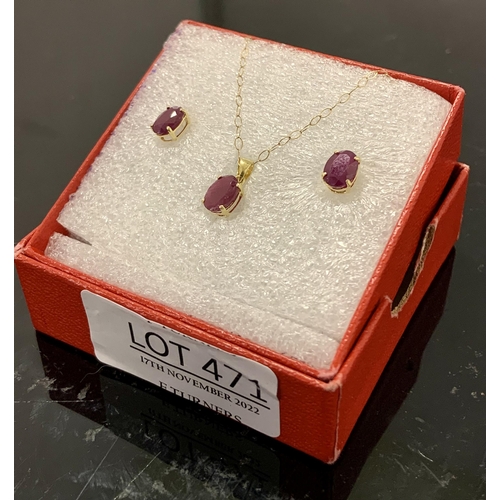 471 - 14CT GOLD/RUBY EARRINGS AND PENDANT SET ON A 16