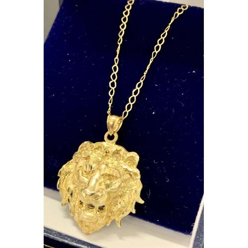 481 - 9CT GOLD LIONS HEAD PENDANT ON 20