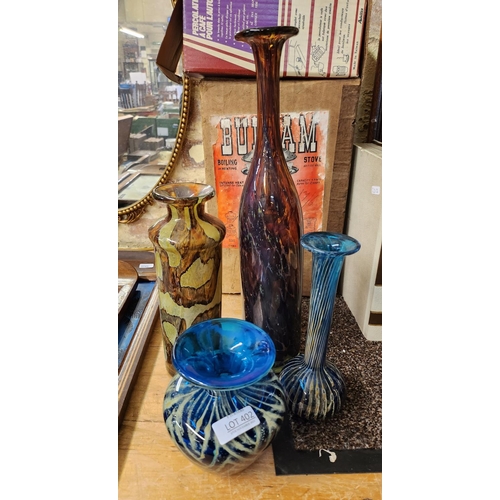 402 - 4 X MDINA GLASS VASES - BLUE/BROWN