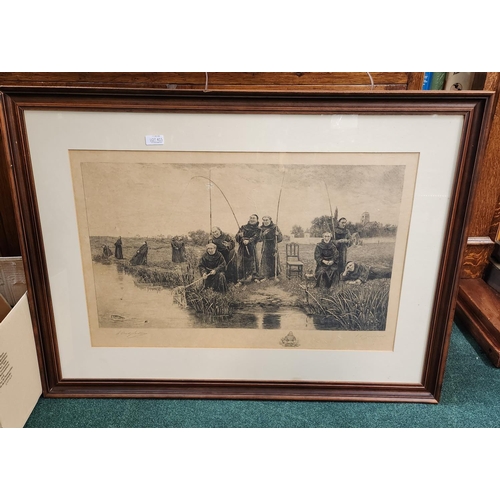 415 - A LARGE FRAMED HUMOROUS PRINT Thursday by Walter Dendy Sadler.
A framed fishing picture after the pa... 