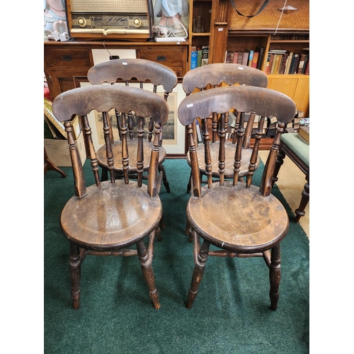 421 - SET OF 4 VICTORIAN OAK KITCHEN CHAIRS, CIRCULAR SEAT, BOBBIN BACKED WITH TURNED STRETCHERS AND LEGS