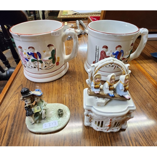 433 - 2 X ANTIQUE FROG TANKARD MUGS, A FAIRING COVERED BOX AND ONE OTHER