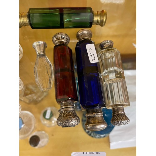 399 - 3 X VICTORIAN COLOURED GLASS DOUBLE ENDED SCENT BOTTLES AND OTHERS