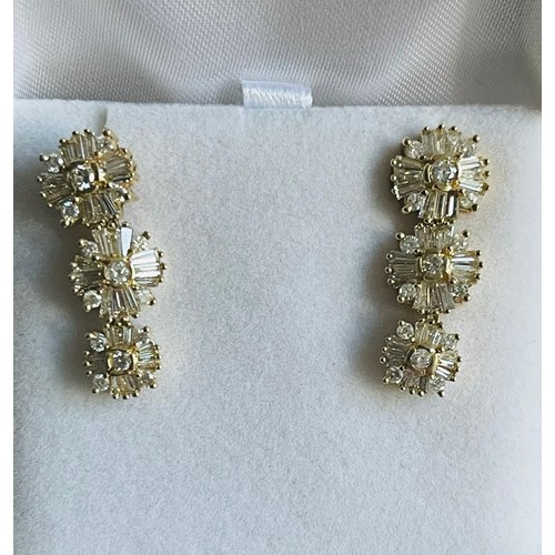 467 - A MATCHED PAIR OF 14CT YELLOW GOLD & DIAMOND TRIPLE DROP EARRINGS - 1.5CT of DIAMONDS IN EACH EARRIN... 