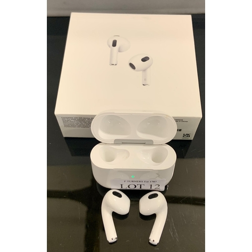 12 - BOXED PAIR OF APPLE AIR PODS 3RD GEN IN WIRELESS CHARGING CASE WITH CHARGING WIRE