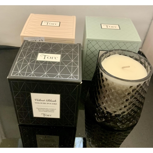 42 - SET OF 4 TORC FRAGRANCED CANDLES INC. VELVET BLUSH, FRESH COTTON, WINTER SPRUCE ETC - MOST WITH BOXE... 