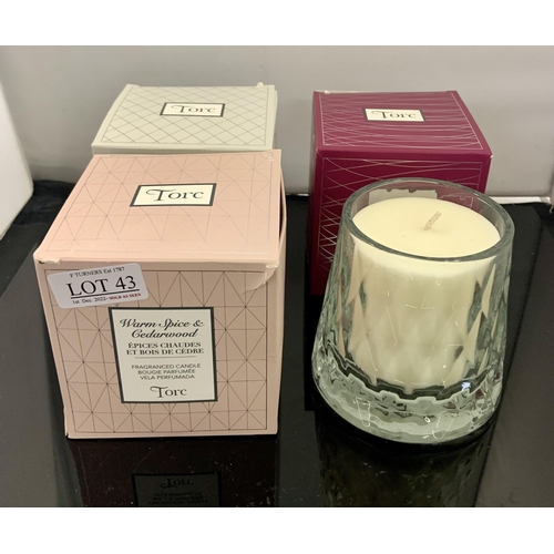 43 - SET OF 4 TORC FRAGRANCED CANDLES INC. FIG AND VANILLA, VELVET BLUSH, AMBER NOIR ETC - MOST WITH BOXE... 