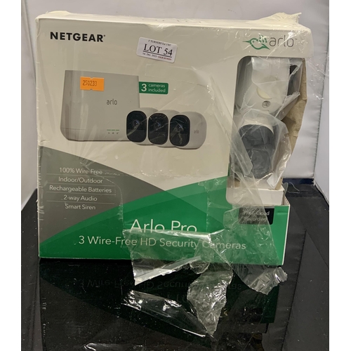 54 - BOXED NETGEAR ARLO PRO 3 CAM CCTV WITH 3 WIRE FREE HD CAMERAS - INDOOR/OUTDOOR 2 WAY AUDIO SMART SIR... 