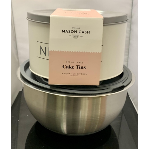 93 - BOXED SET OF 3 MASON CASH CAKE TINS TOGETHER WITH A 7 PIECE TRAMONTINA MIXING BOWL SET WITH LIDS