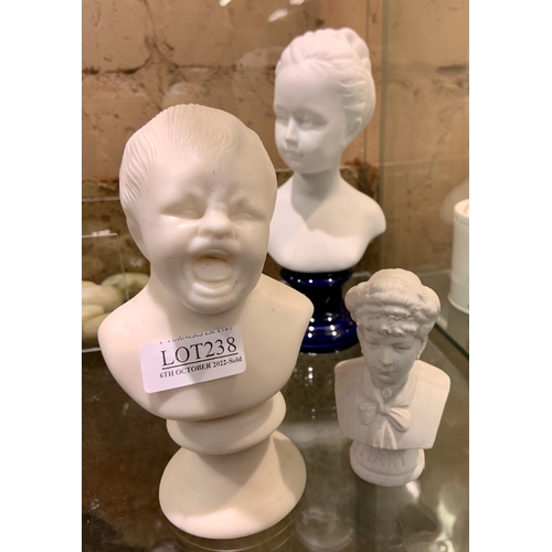 317 - PAIRAN WARE BUST OF A SCREAMING CHILD AND A LIMOGES PARIAN WARE BUST ON ROYAL BLUE CERAMIC BASE & ON... 