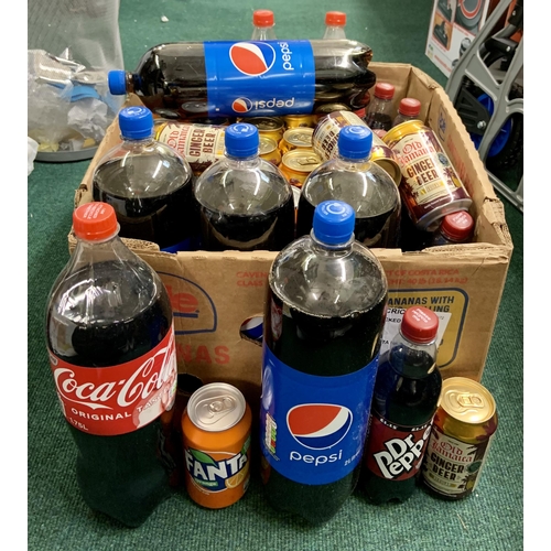 184 - BOX OF VARIOUS FULL SUGAR DRINKS INC. COCA COLA, PEPSI, FANTA, DR PEPPER, GINGER BEER