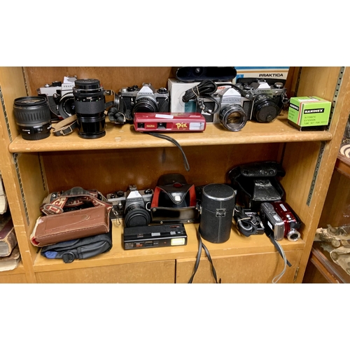 251 - 2 SHELVES OF VARIOUS PRAKTICA, CANON, KODEK AND SAMSUNG CAMERAS