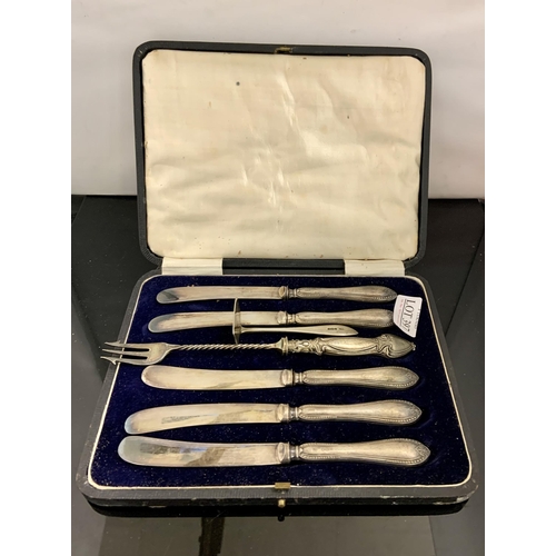 397 - SET OF FIVE SILVER HANDLED KNIVES TOGETHER WITH A SILVER HANDLED PICKLE FORK, AND A SILVER SUGAR SCR... 