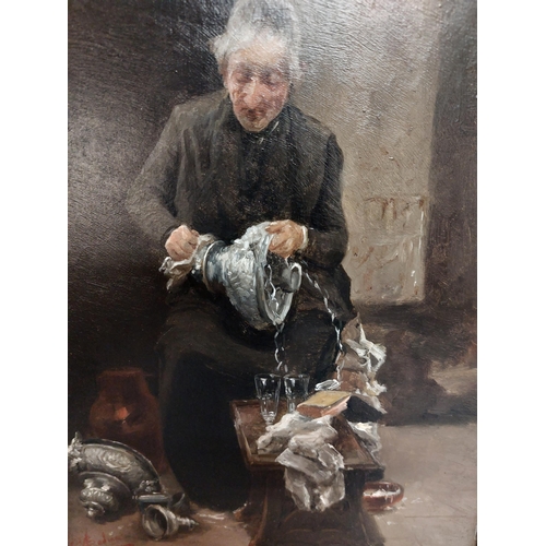 11 - Jenny - Oil on Board - Signed A Bedmine????? - An old lady polished and cleans as she sits on a stoo... 