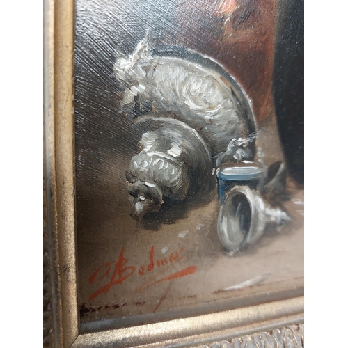 11 - Jenny - Oil on Board - Signed A Bedmine????? - An old lady polished and cleans as she sits on a stoo... 