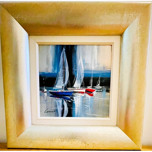 199 - ACRYLIC ON CANVAS -SHOWING SAILBOATS IN A HARBOUR -SIGNED BOTTOM LEFT - UNKNOWN - BY IMAGEDESIGNS -