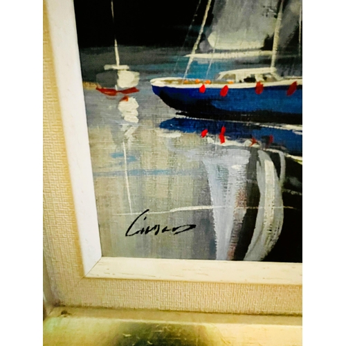 199 - ACRYLIC ON CANVAS -SHOWING SAILBOATS IN A HARBOUR -SIGNED BOTTOM LEFT - UNKNOWN - BY IMAGEDESIGNS -