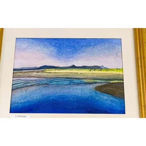 200 - SMALL FRAMED WATERCOLOUR - OF SEASHORE WITH MOUNTAINS TO BACKGROUND -SIGNED ON MOUNT - F P ATHERTON ... 