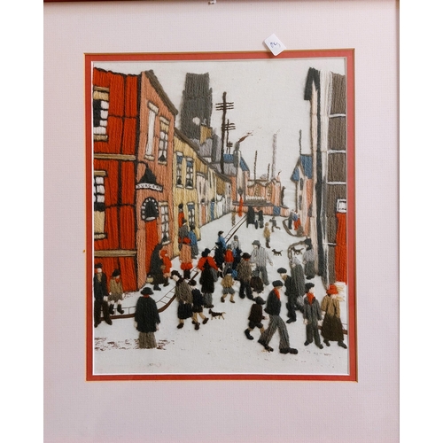 51 - After L.S Lowry- The Organ Grinder - A Wool work depiction of Lowry's famous painting copied in grea... 