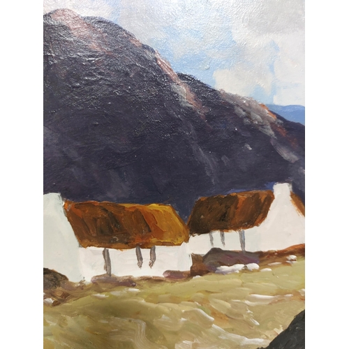 74 - R. Dunleavey Oil on Board Whitewashed cottages against purple mountains signed lower left Frame size... 