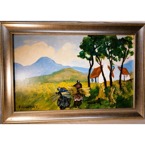 75 - R. Dunleavey Oil on Board Harvest time signed lower left Frame size 15 ½ ” high by 22 ½ ” wide