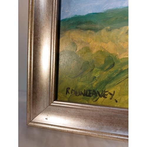 75 - R. Dunleavey Oil on Board Harvest time signed lower left Frame size 15 ½ ” high by 22 ½ ” wide