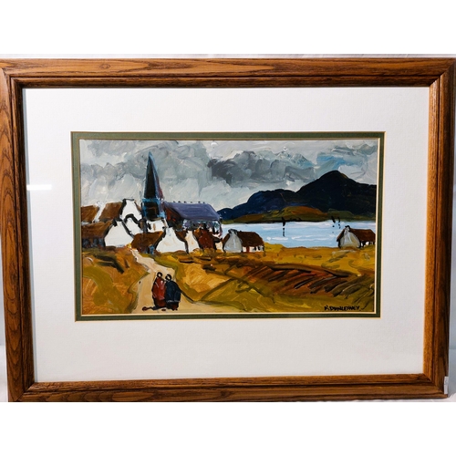 76 - R. Dunleavey Oil on Board White gabled cottages and Church Framed and glazed signed Frame size 15” h... 