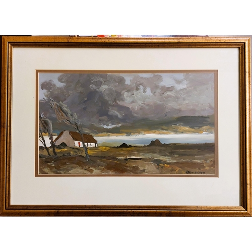 77 - R. Dunleavey Oil on Board White gabled cottage in a storm signed lower right Framed and glazed Frame... 