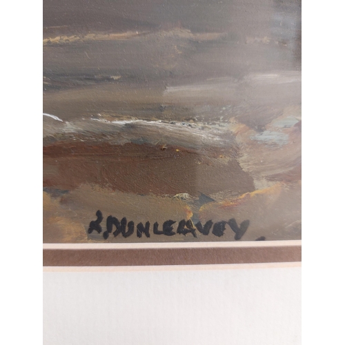 77 - R. Dunleavey Oil on Board White gabled cottage in a storm signed lower right Framed and glazed Frame... 