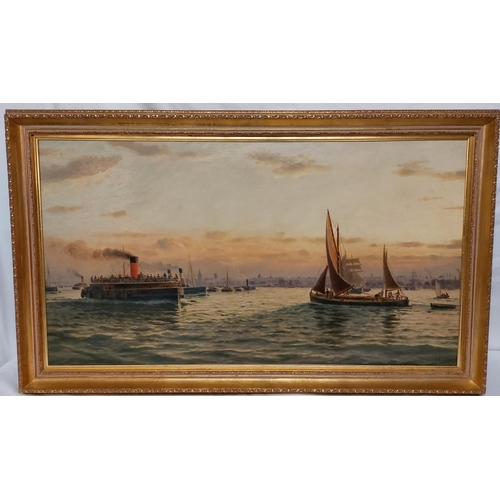 8 - P. Greenwood 1901 -Oil on Canvas - River scene showing the changing tide of sailing. A Steamer ferri... 