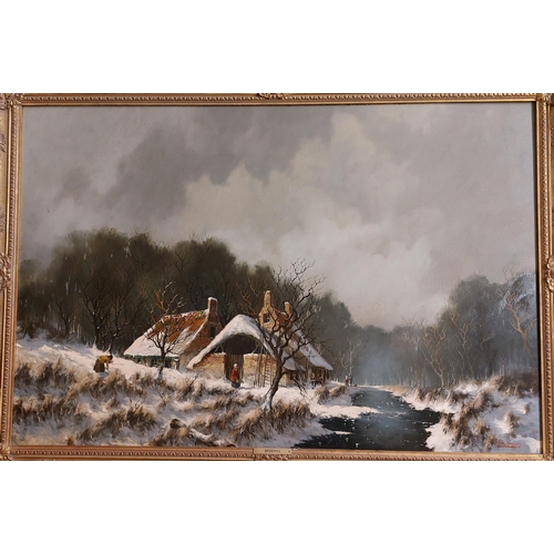 9 - Brugman (Dutch artist who studied in Arnhem and Amsterdam) Winter Scene on a Dutch River Bank In a f... 