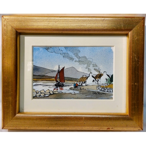 91 - Pete Hogan - Coastal scene with cottages, Watercolour pen and ink - Framed and mounted, Frame 7 ½2 b... 