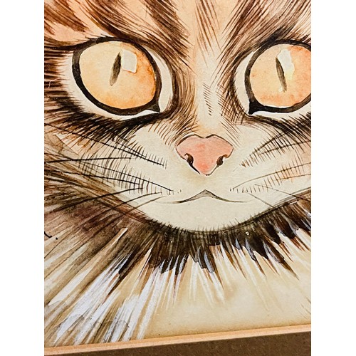 44A - Louis Wain Portrait Wide Eyed Cat Pen and ink with watercolour signed lower left with angled signatu... 