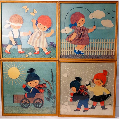 98 - Four Playful Children's Prints -Karen K,-paper label to back  Combridge Ltd Dublin -Frame size 13 ¾”... 