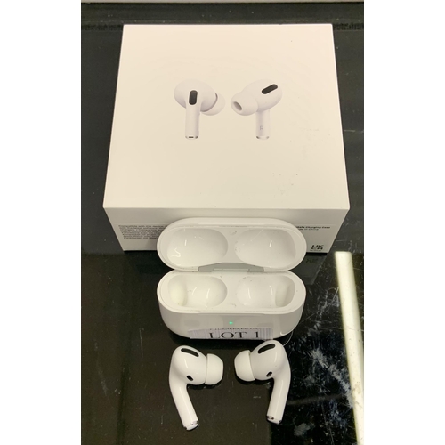 1 - BOXED PAIR OF APPLE AIR POD PROS IN WIRELESS CHARGING CASE WITH EXTRA BUDS AND CHARGING WIRE