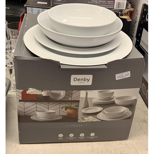 105 - BOXED 14 PIECE DENBY WHITE TABLEWARE SET - 3 LARGE PLATES, 4 SIDE PLATES, 4 LARGE BOWLS, 3 DESSERT B... 