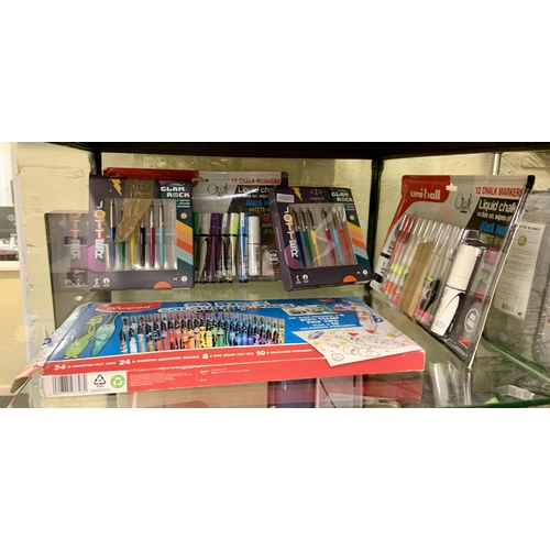 203 - SHELF OF MIXED STATIONERY INC. UNIBALL CHALK MARKERS, JOTTER PARKER STYLE PENS, COLOURING SET