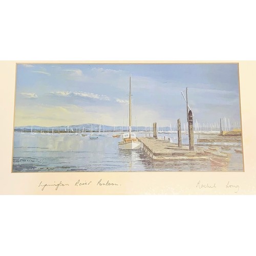 204 - RACHEL LONG (BRITISH) FRAMED SIGNED AND ANNOTATED PRINT - ‘LYMINGTON RIVER PONTOON’ RACHEL LONG - BO... 