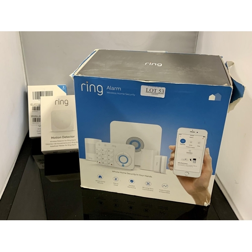 53 - BOXED RING WHOLE HOME SECURITY ALARM SYSTEM INC. MOTION DETECTORS, WIRELESS SENSORS - UNABLE TO TEST