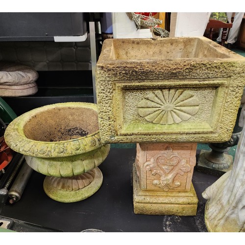 COTSTONE CIRCULAR STONEWARE PLANTER ON PEDESTAL TOGETHER WITH A SQUARE ...