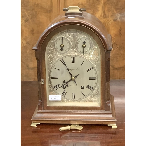 317 - VICTORIAN BRACKET CLOCK WITH SILVERED FOLIATE DIAL WITH ROMAN NUMERALS, 2 SUBSIDIARY DIALS - ONE CHI... 