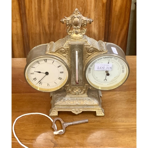 318 - 19TH CENTURY DOUBLE BRASS CLOCK/BAROMETER -DRUM SHAPE WITH THERMOMETER ON GILT METAL BASE