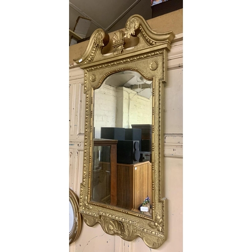 349 - GEORGIAN GILTWOOD MIRROR, BROKEN SWAN NECK PEDIMENT, DECORATED WITH ROSETTES/SHELLS - BEVELLED GLASS