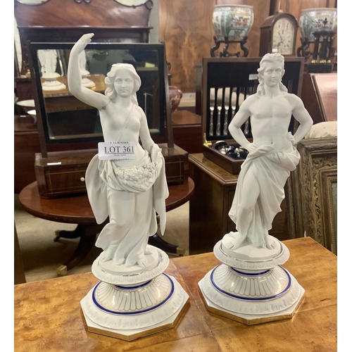 361 - A PAIR OF PARIAN WARE STYLE FIGURINES ON OCTAGONAL BASE SIGNS OF REPAIR