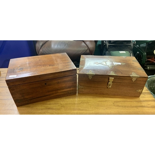 372 - 2X ANTIQUE BOXES INCL. A BRASS BOND FITTED BOX & A MAHOGANY CADDY NO FITITNGS -1 OTHER (3)